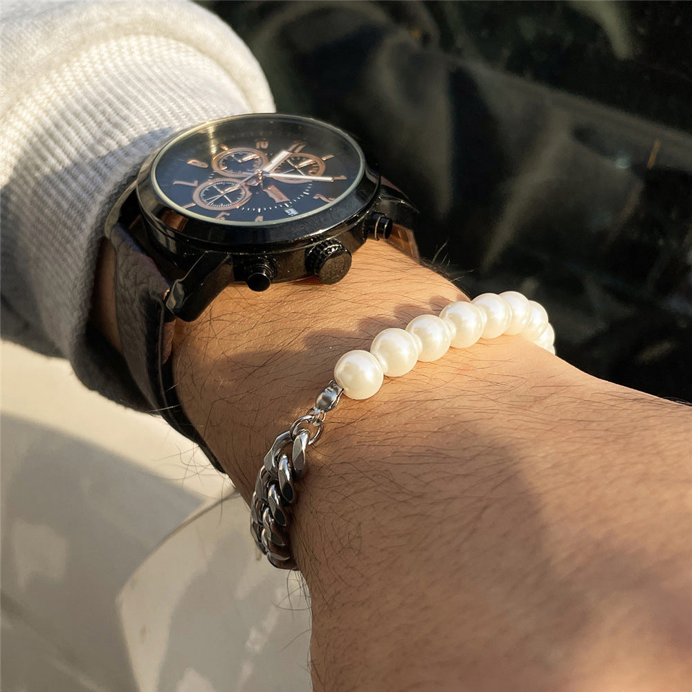 Men's Stitching Stainless Steel Cuban Chain Pearl Necklace