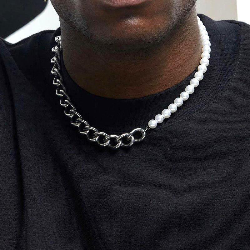 Men's Stitching Stainless Steel Cuban Chain Pearl Necklace
