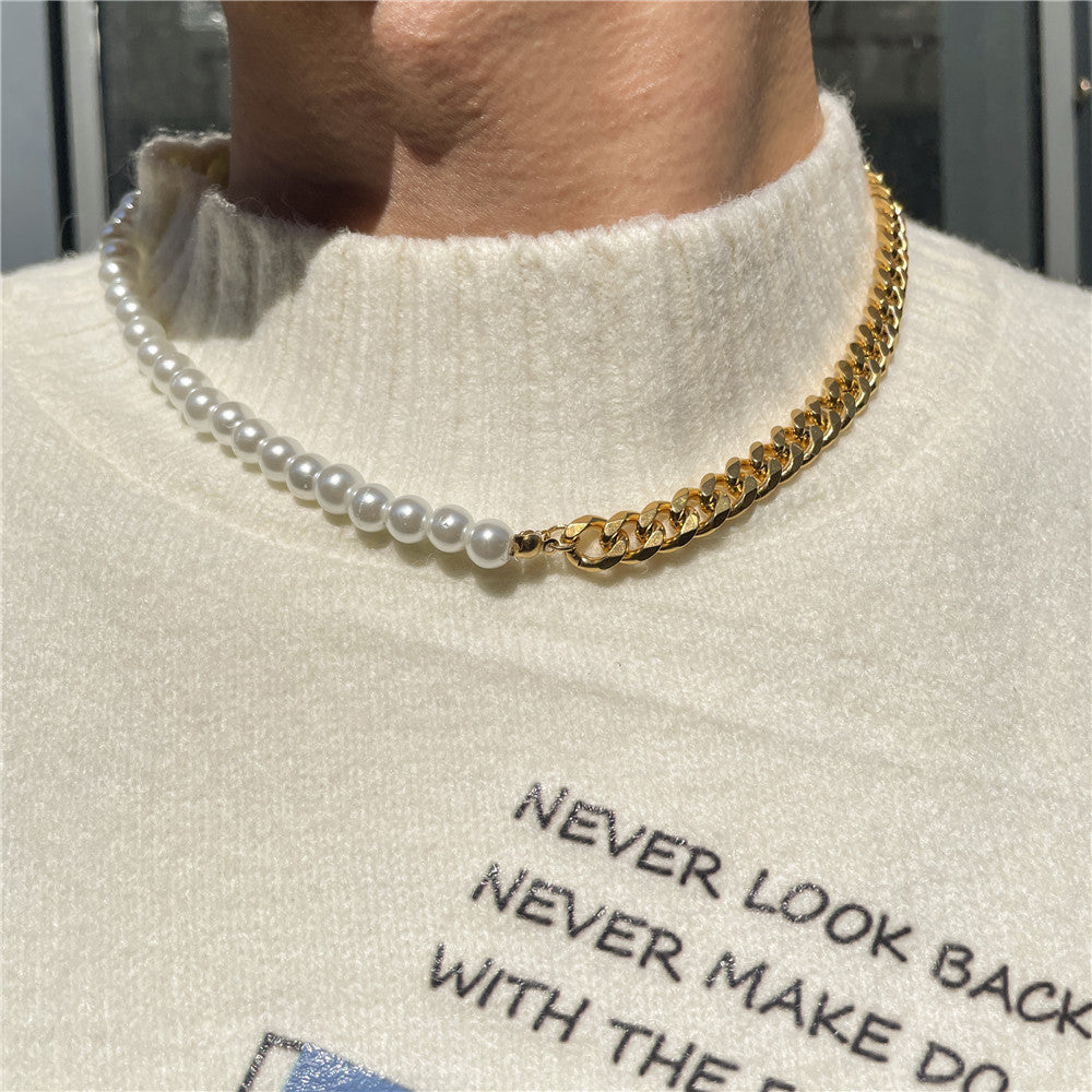 Men's Stitching Stainless Steel Cuban Chain Pearl Necklace