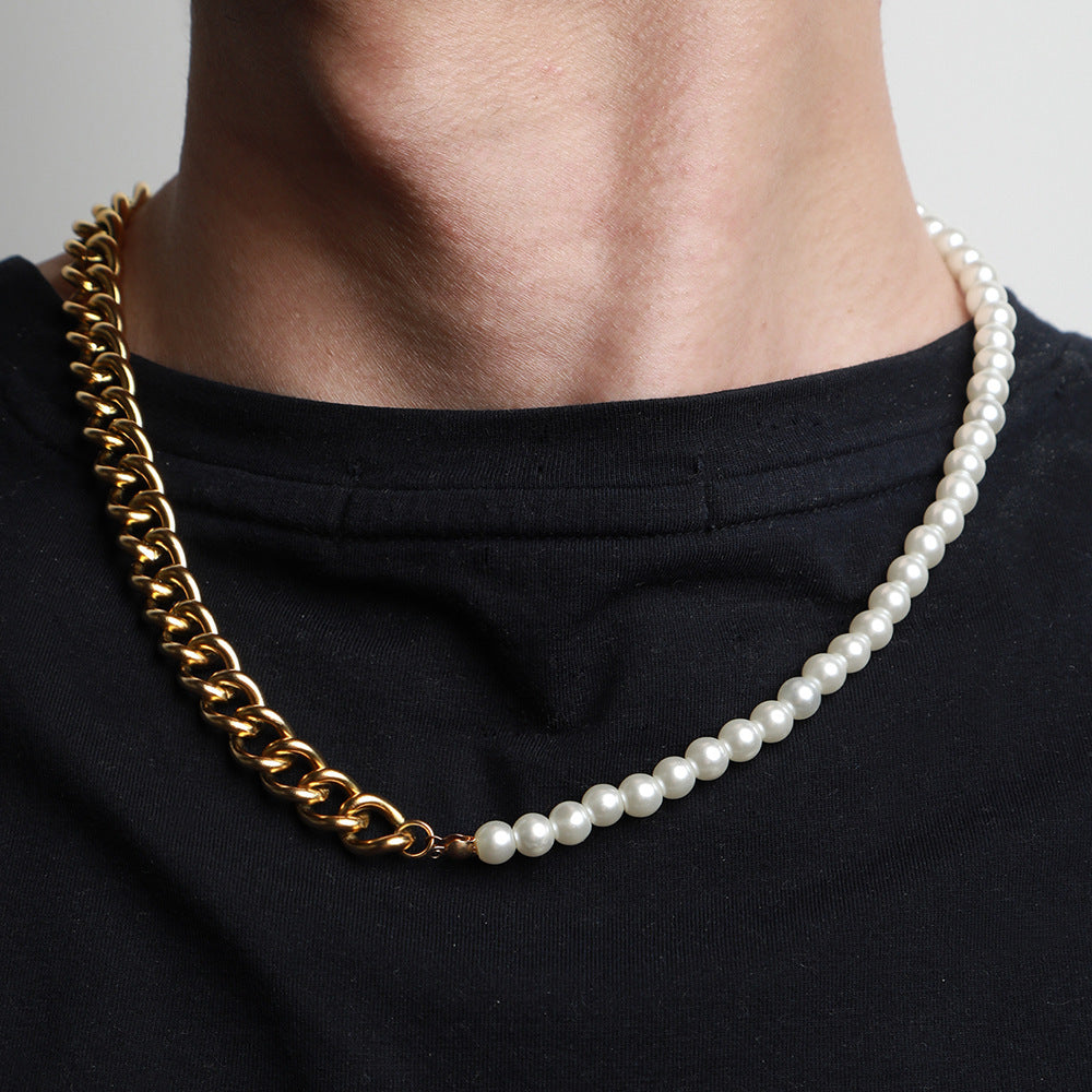 Men's Stitching Stainless Steel Cuban Chain Pearl Necklace