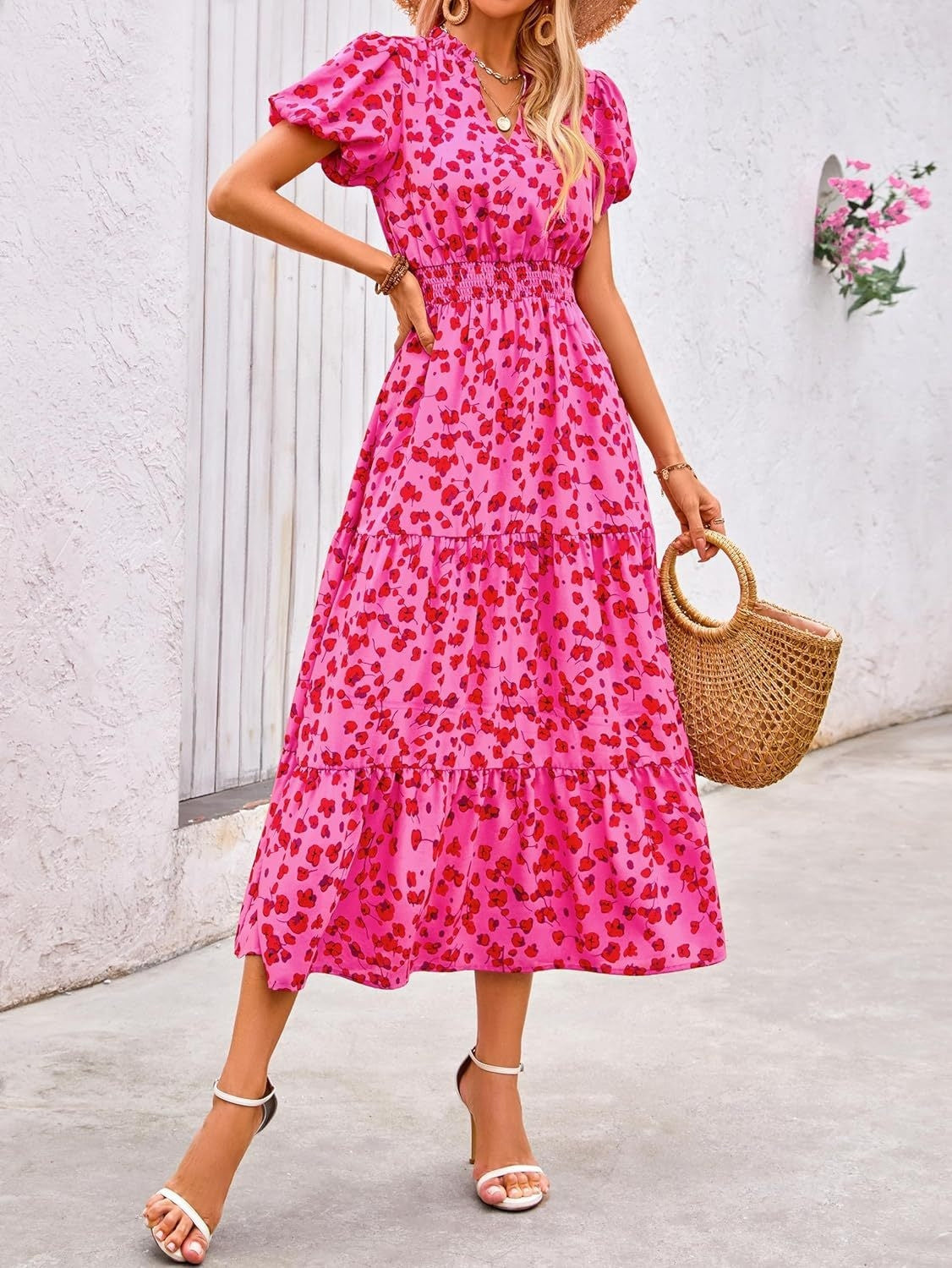 Women's V-neck Bubble Pleated Print Short Sleeve Dress